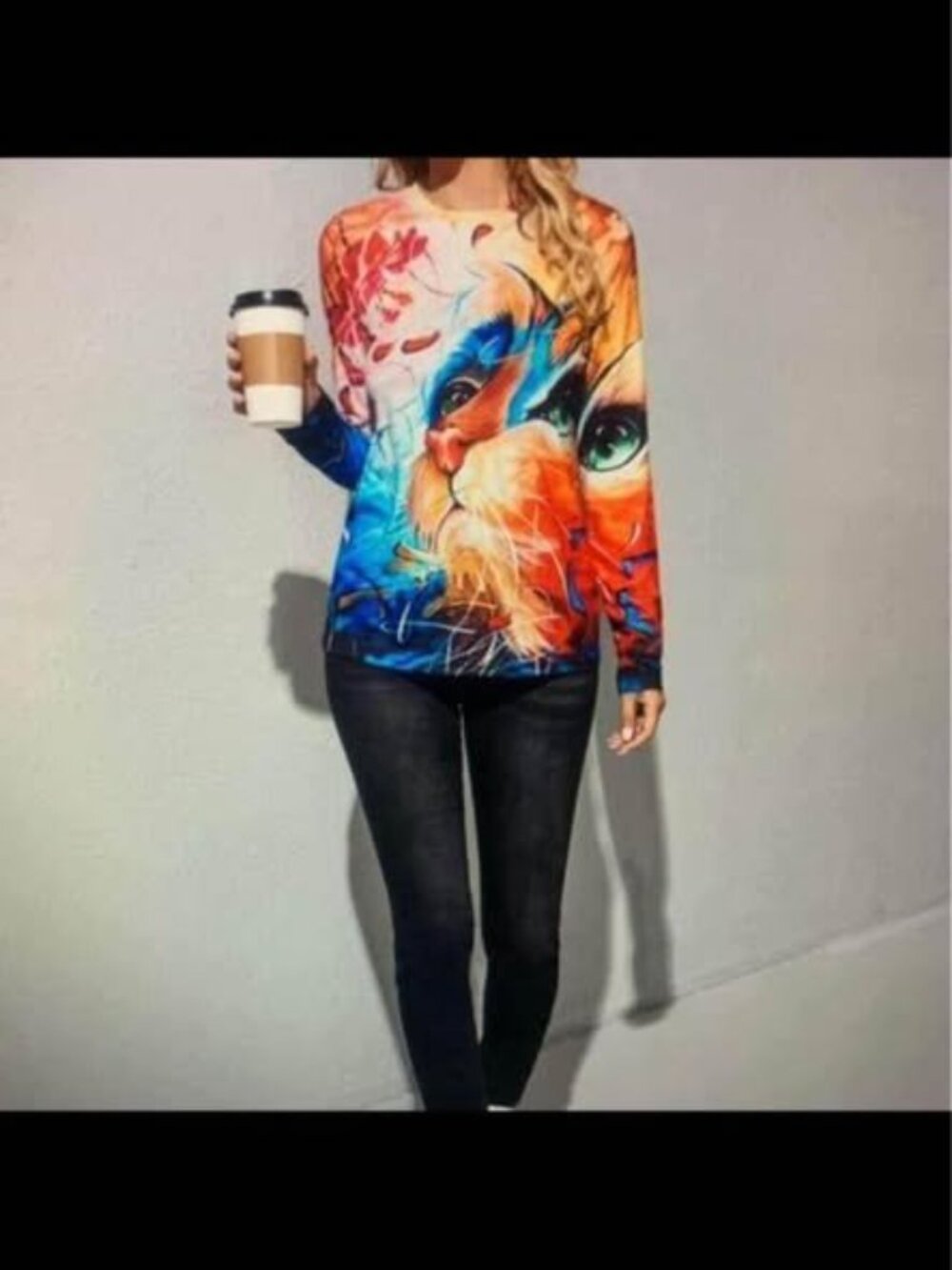 Ladies XXL Long sleeve shirt Cat Face design - Picture 2 of 9
